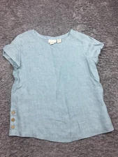 Cynthia Rowley Linen Shirt Womens Size Medium Blue Short Sleeve Wood Buttons