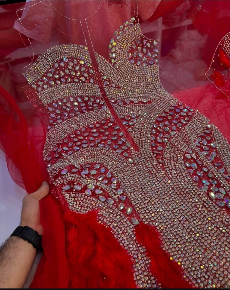 Exclusive Feathers and Rhinestones Crystal Long Front and Back Dress Material - Image 3 of 4