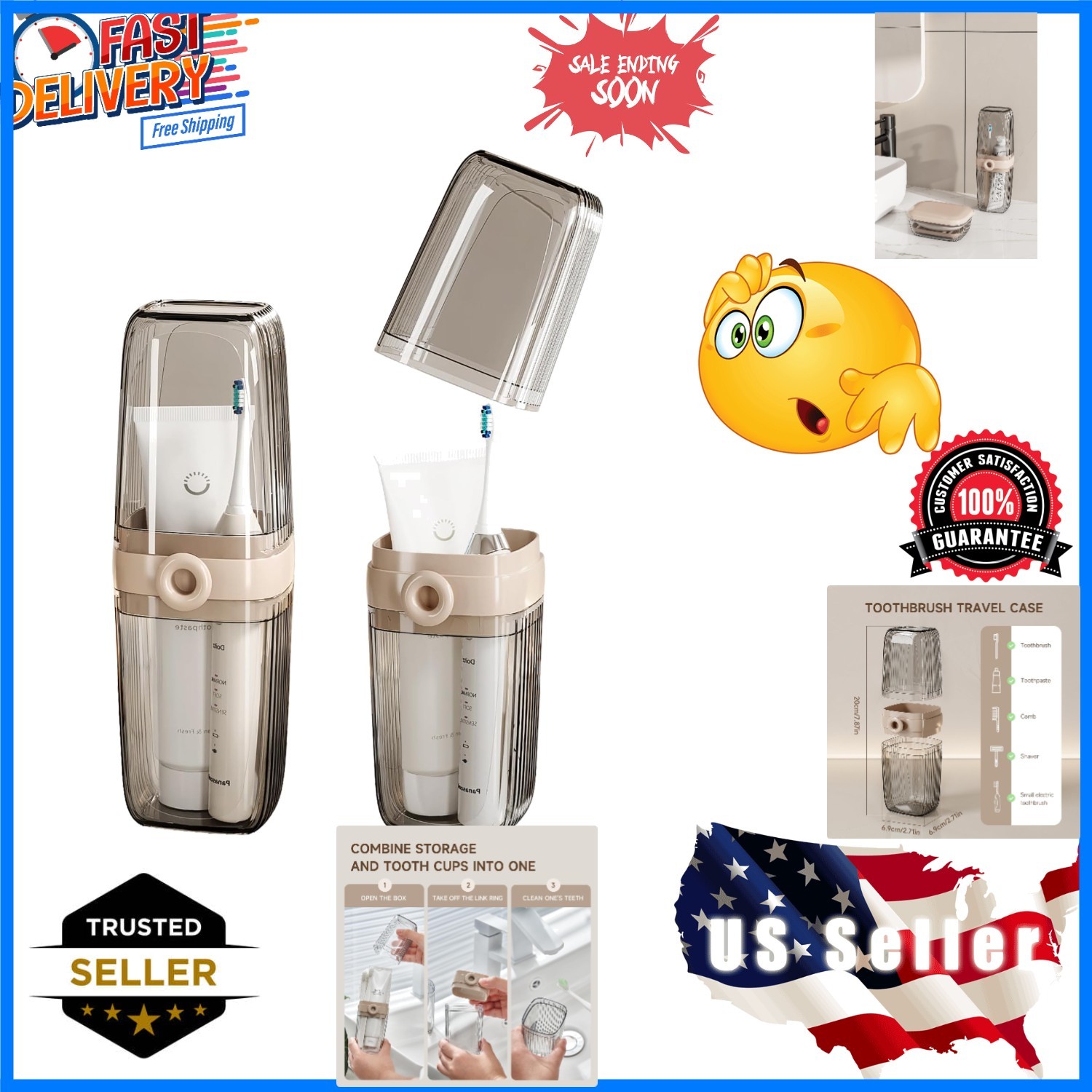 Toothbrush Travel Case, 2 in 1 Toothbrush Holder and Rinse Cup, Large Capacit...