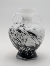 Studio Art Glass Vase Black  White Spatter Hand Blown Modern Handles