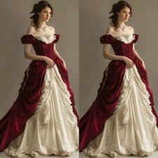 Medieval Red White Prom Dress Off Shoulder Layered Ruffles Vintage Evening Gowns