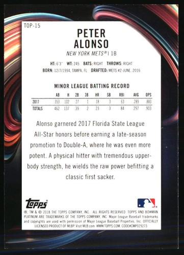 Peter Alonso 2018 Bowman Platinum #TOP-15 Baseball Card - Picture 2 of 2