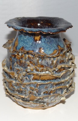 Hand Made Blue Gray Art Pottery D. K. McBride Vase Raised Ripple Effect