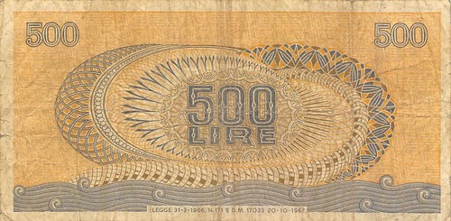 Banconota Italia 500 Lire 20.10.1967 Serie E 17 Circolata N #11 - Foto 2 di 2