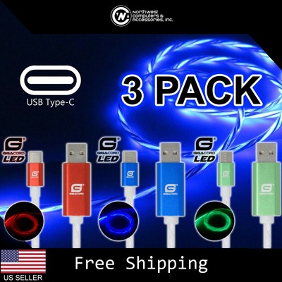 3 Pack USB-C Type-C Charge Cable, Flowing LED Red Blue Green, Gigacord, 3ft 6ft