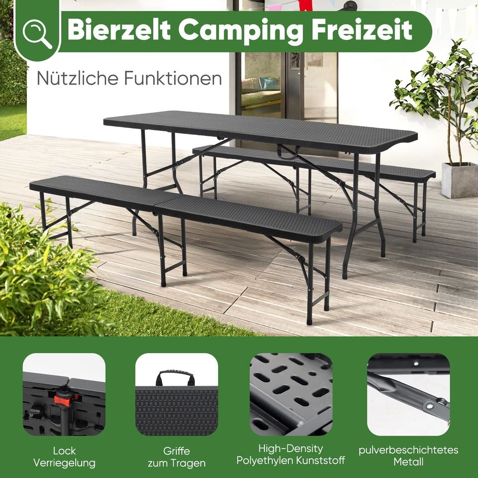 180cm Bierzeltgarnitur Tisch+ 2x Bierbank Festzeltgarnitur Rattan-Optik - Bild 4 von 4