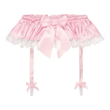 Satini Frilly Lace Sissy Silky Satin Garter Lingerie Stocking Suspender Belt 