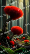 Digital Art Red Moss in Forest Whimsical Nature Scene, Vivid Colors, High-Detail