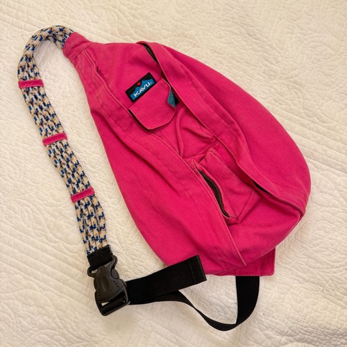 KAVU Rope Sling Rope Bag Hot Pink Canvas Backpack Embroidered Rock ...
