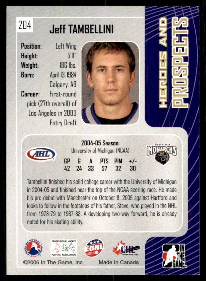 2005-06 In The Game Heroes and Prospects Jeff Tambellini Manchester Monarchs - Image 2 of 2