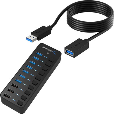 60W 10 Port USB 3.0 Hub Includes 3 Smart Charging Ports with Individual Power Sw