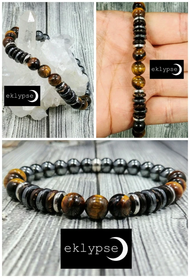 Pulsera con cuentas de piedras preciosas de hematita 8"L ojo de tigre + madera de palma + piedras preciosas de 8 mm Foto 2 de 4