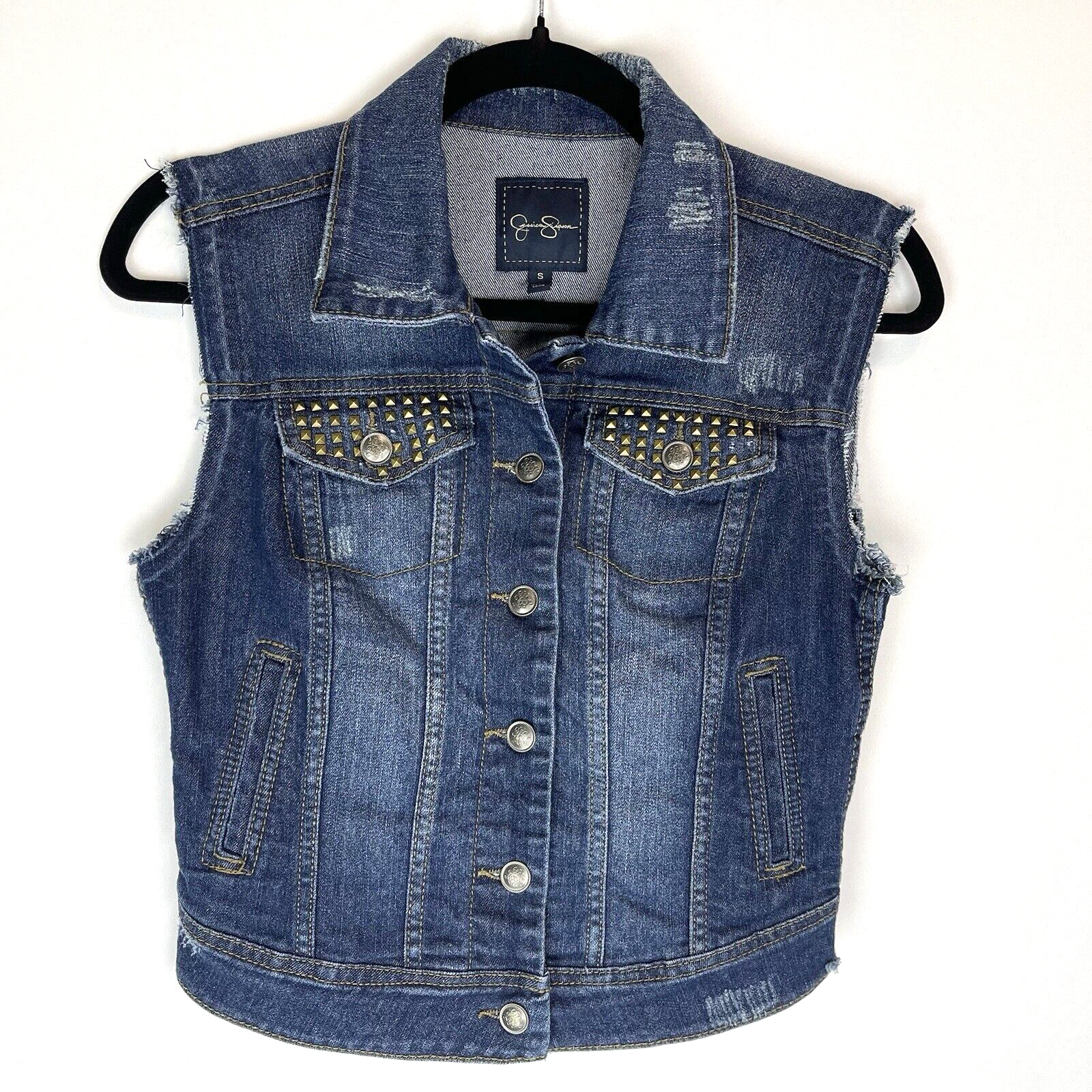 Jessica Simpson Denim Button Vest Studded Sz Small Western, Pocket, Medium Wash