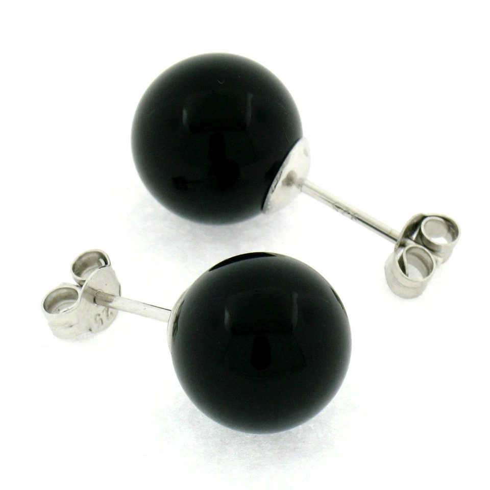 Новый простой красивый серебро и черный оникс 10 мм круглый шар серьги-гвоздики - Изображение 2 из 3