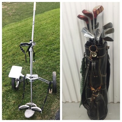 1960's Northwestern Golf Golf Folding Rolling Car Bag 13 Clubs More 