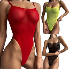 Womens See-Through Mesh Bodysuit Monokini One-Piece Swimsuit High Cut Leotard