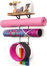 Yoga Mat Holder Wall Mount Yoga Mat Storage Home Gym Accessories with Wood Fl...