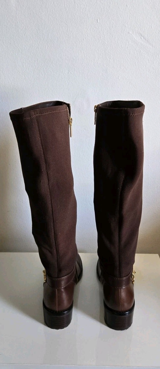 MICHAEL KORS HAMILTON WOMEN'S TALL BOOTS CHOCOLATE STRETCH MK LOGO FLAT Size 5.5 thumbnail 5