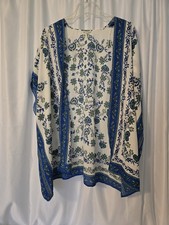 Max Studio Women's Open Front Kimono Top Cream with Blue Green Accents Size XS