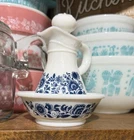 Vintage Avon White Milk Glass Cruet Decanter Pitcher Blue Flowers Shabby 1970s