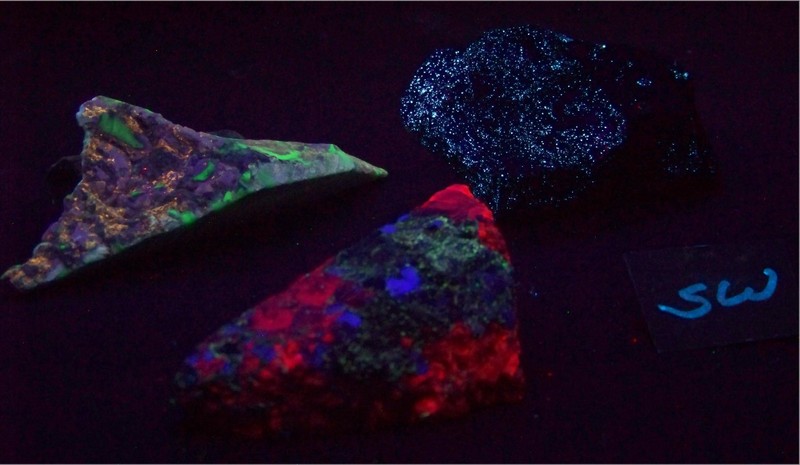 3 UV Minerals for Study/ Chalcedony w Magnesite / Willemite Calcite w Fluorite
