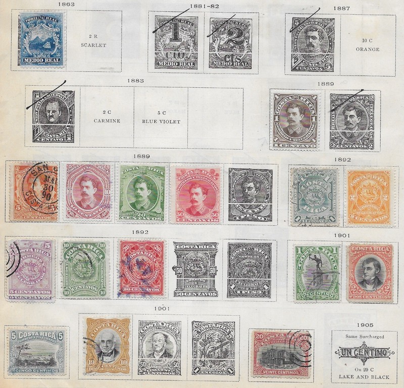 16 Costa Rica Stamps from Quality Old Antique Album 1863-1901