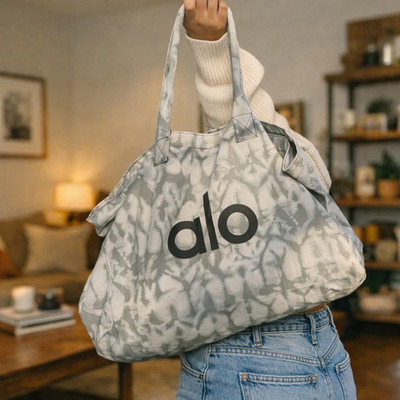 💎 ALO Yoga Gray Tie Dye Canvas Cotton Tote Large Shopper Bag Gym