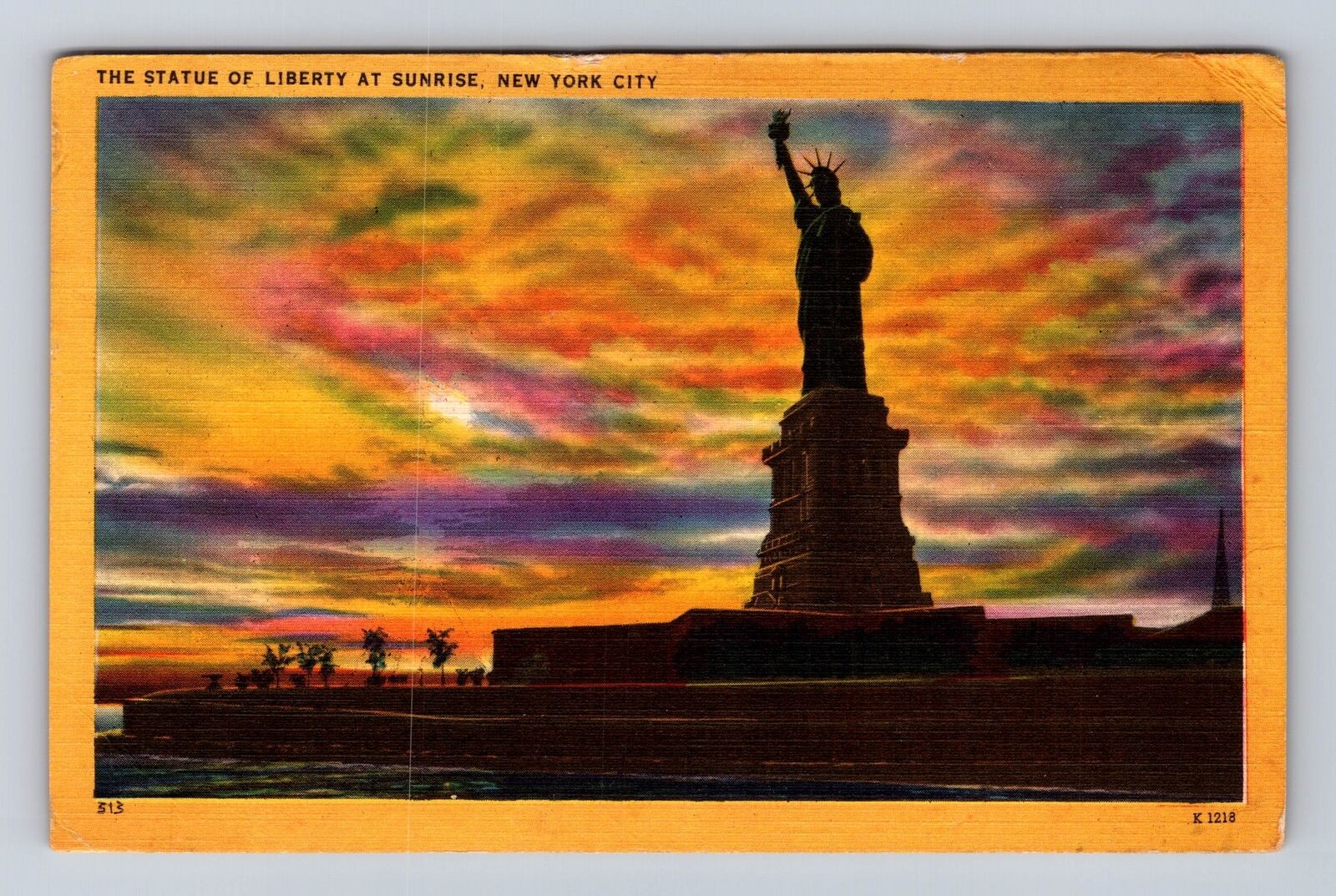 NYC Sunrise at Statue of Liberty Vintage 1953 Postcard