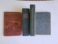 4 Vintage School Books 2 Readers, 1 8th Grade Math,Merck Manual 1907, 28,29, 53