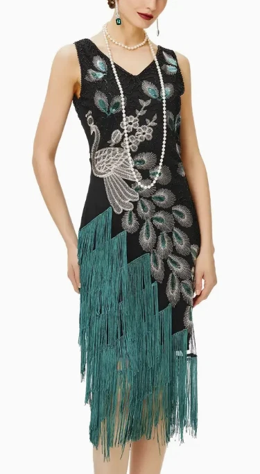 FLAPPER 1920s DRESS-Vintage Style Peacock Green/Black Sequined Dress, Gatsby XL - Image 2 of 4