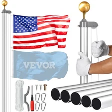 25FT Detachable Flagpole Kit Heavy Duty Aluminum Flag Pole American Silver