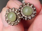 “Vintage Soviet 925 Silver Earrings with Green Jade | USSR Floral Design | 7.37g