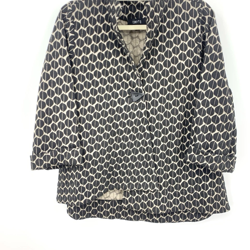 COMFY USA Mujer Talla Mediana Chaqueta 1 Botón Top Negro Marrón Estampado Manga 3/4 Foto 3 de 4