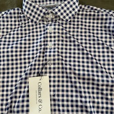 NWT Collars and Co Dress Collar Polo Shirt Men Medium Navy Blue/White Checkered