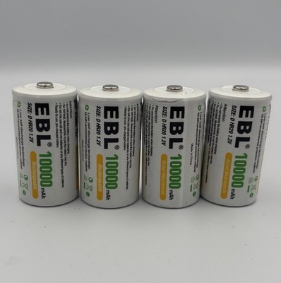 EBL D Cell Rechargeable Batteries LOT OF 4 10000 mAh HR20 1.2V Working