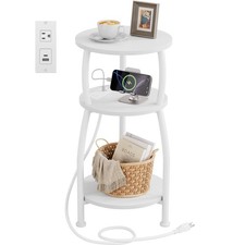 White Round Side Table Charging Station Small 3Tier End Type C USB Ports