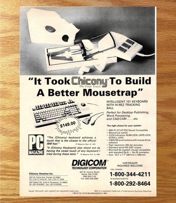 Digicom Chicony Keyboard Track Ball Mouse - Video Game Print Ads Poster Art 1989