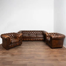 Vintage 20th Century Chesterfield Brown Leather Sofa and Two Club Chairs