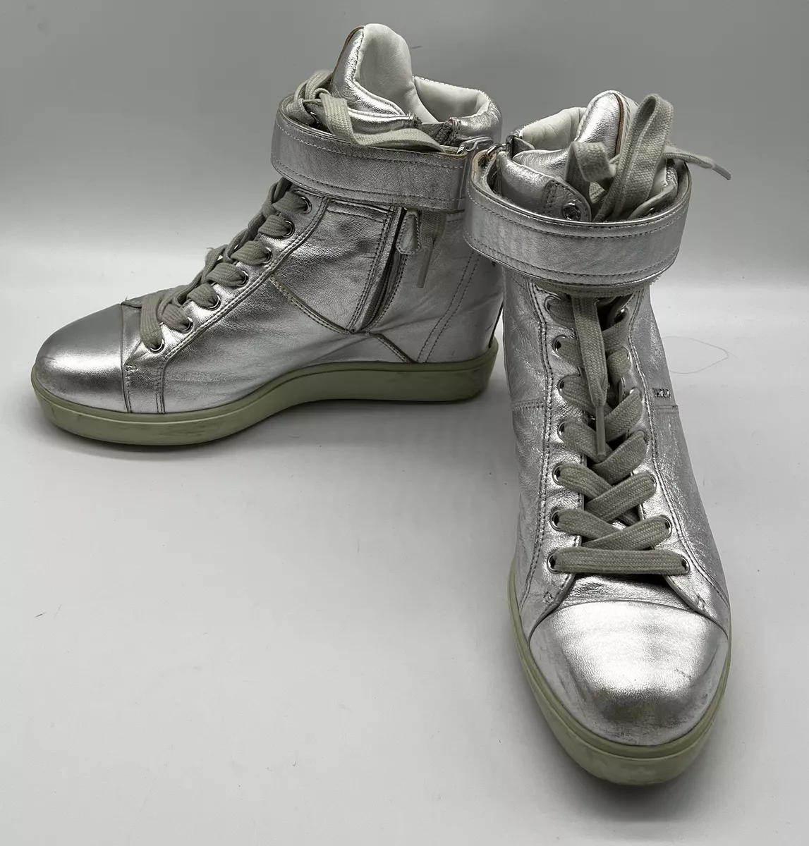 Open Disco Wedge Sneaker In Calfskin With Metallic Band And Matching Studs  85mm for Woman in White/silver | Valentino PH