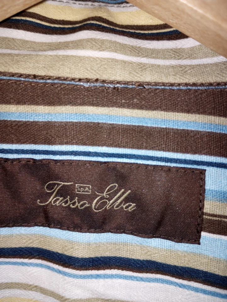 Camisa de vestir Tasso Elba para hombre blanca puño a rayas 100 % algodón talla S Foto 3 de 4