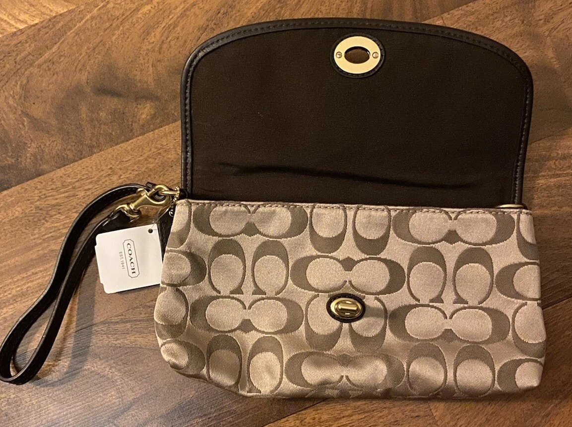 COACH Beige Sateen Signature C Small Turn Lock Clutch Wristlet