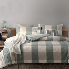 Twin 100 Washed Cotton Duvet Cover Set Green - Kids Buffalo Plaid Linen Feel...
