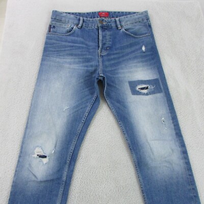 S.Oliver Jeans Mens W32 L32 Blue Regular Fit Slim Denim Ripped Patch Button Fly