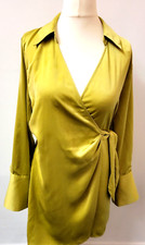 H&M Wrap Dress UK10 Lime/Yellow Satin Mini V-Neck Long Sleeve New with Tags