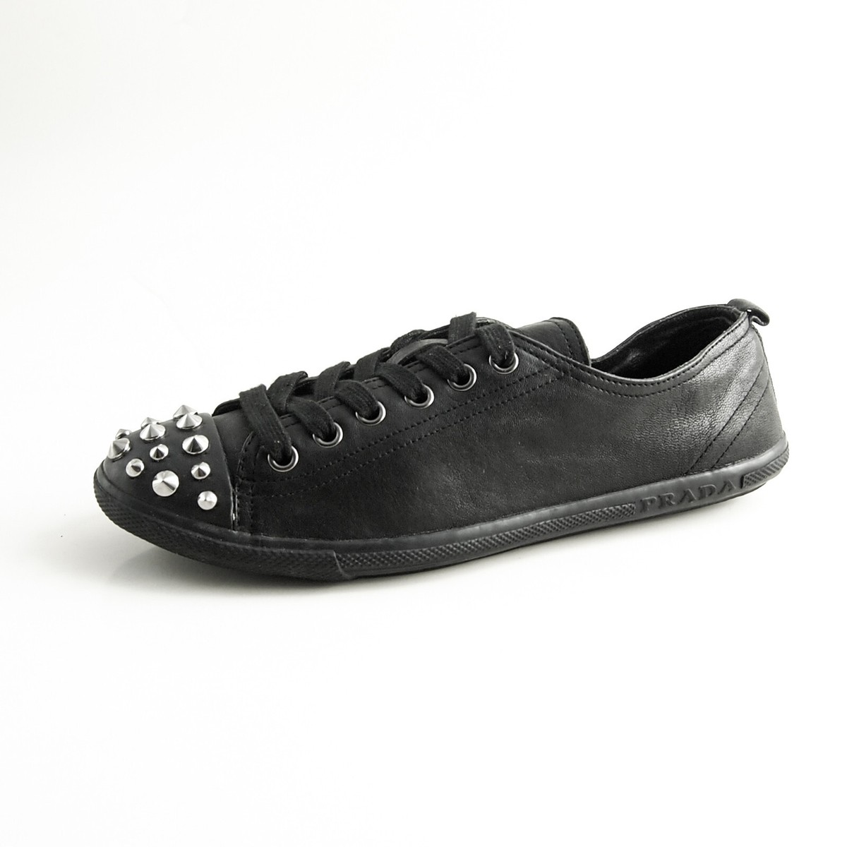 Prada Studded Low Top Sneakers Black Leather Cap Toe Womens Shoe