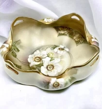 Antique ART NOUVEAU Bowl R&S Germany Heavy Gold Gilt Fabulous White Flowers READ