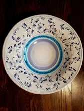 CRATE & BARREL Emilia rustic blue & aqua vine scroll 14" serving pasta bowl. 