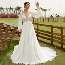 Simple Wedding Dresses Lace Applique Chiffon Puffy Long Sleeves Bridal Gowns