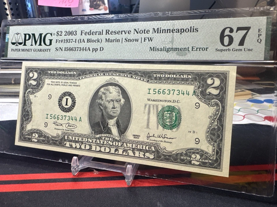 😎 2003  $2 Federal Reserve Note MINNEAPOLIS- "MISALIGNMENT ERROR" PMG 67 EPQ - Image 2 of 4