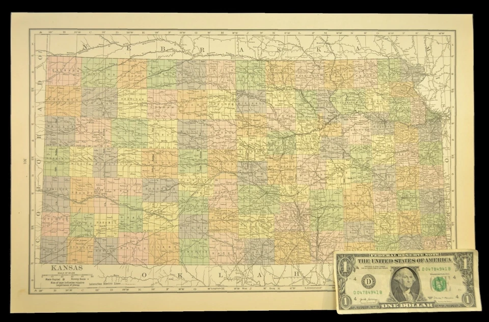 Vintage KANSAS Mapa Ferroviário Arte de Parede Linhas Ferroviárias Elétricas Antigo Original - Imagem 2 de 4